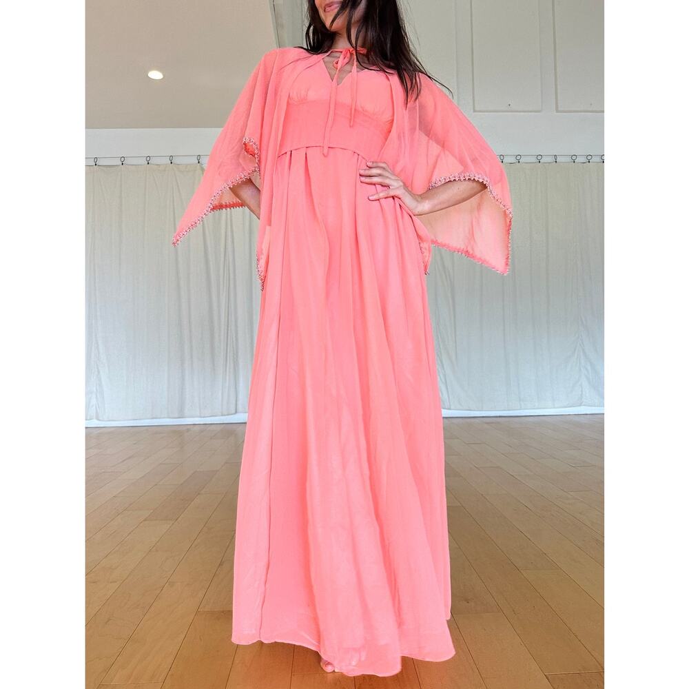 Women's Medium Gown Peach Chiffon Two Piece Sleeveless A-Line Vintage 1970s Rare
